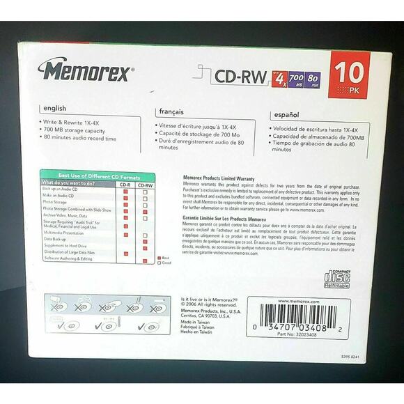 Memorex CD-RW 10 Pack 4X 700MB 80 Min Compact Discs Rewritable Brand New SEALED - Picture 7 of 12
